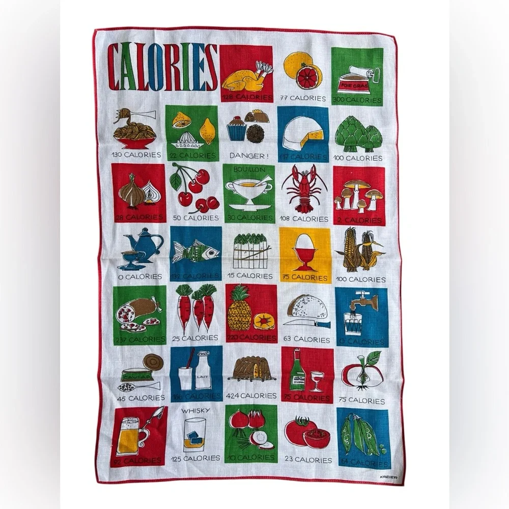 VTG KREIER 50s 60s Calories Linen Dish Tea Towel Kitsch Mid Century MCM 26.5x18”